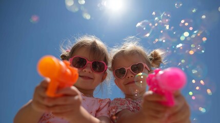 Children play with water guns under a clear blue sky creating bubbles on a sunny day at the park