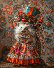 A cute hedgehog in floral skirt and lace hat standing upright with antique wallpaper backdrop in vintage style