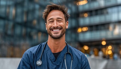 Naklejka premium Smiling healthcare worker wearing scrubs and stethoscope, blurred building background