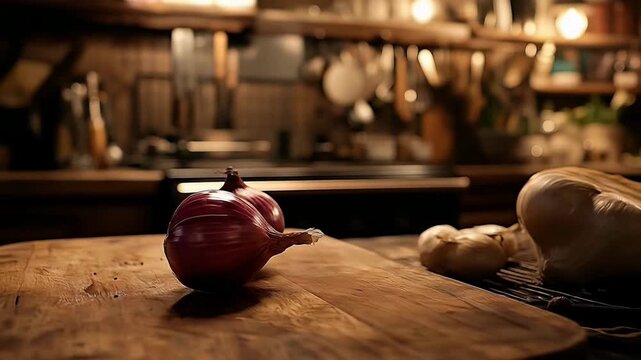 Fresh red onions and garlic ready for cooking in a rustic, well-lit kitchen preparation area.