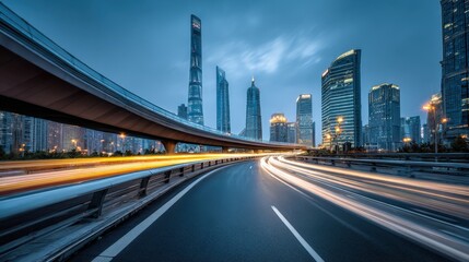Fototapeta premium Shanghai Cityscape at Night: Modern Architecture and Fast-Moving Car Lights on Elevated Highway
