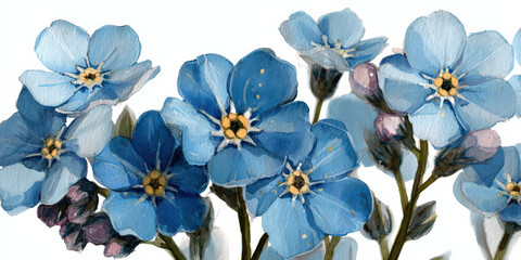 Obraz premium Blue forget me not flowers illustrated on white background, showcasing delicate petals and vibrant colors. artwork captures beauty and simplicity of these charming blossoms