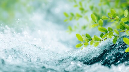 Green leaves hang near flowing water blur and bokeh in background Branch over water