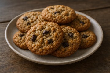 Delicious Homemade Oatmeal Raisin Cookies on Plate, Rustic Wooden Table, Close-Up Detail