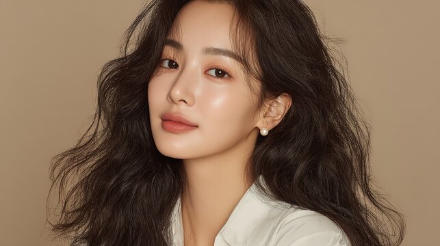 Portrait of an Elegant Asian Woman with Natural Makeup and Flowing Hair on Neutral Background