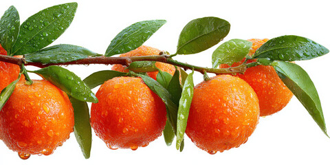 Fresh tangerine fruits on branch with green leaves and water droplets, showcasing vibrant colors and natural freshness