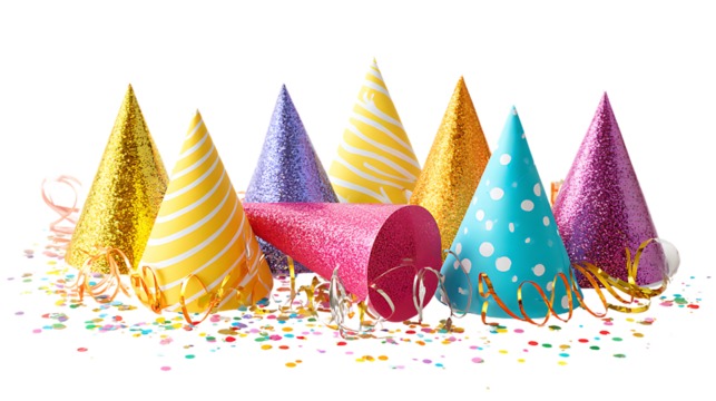 Collection of colorful party hats with confetti isolated on transparent background