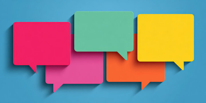 Colorful rectangular speech bubbles on blue background create vibrant and dynamic visual. overlapping design adds depth and interest, perfect for communication themes