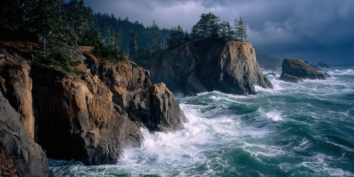 Dramatic rocky coast with waves crashing against cliffs under stormy sky, surrounded by dense forest. powerful ocean and rugged landscape create sense of awe and adventure