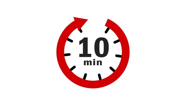 10 minutes icon animation on a white background. red and black "10 min" symbol loop. rotating clock arrow for a 10-minute duration. minimalist timer motion graphic. countdown timer animation. 