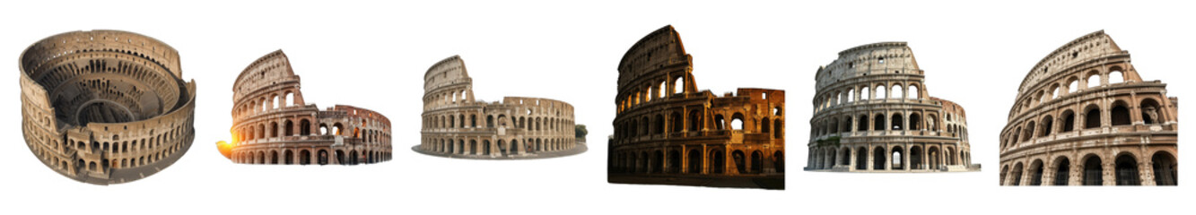 Fototapeta premium Colosseum set including aerial, eye-level, and illuminated views isolated. Ancient Roman architectural landmark and travel icon.