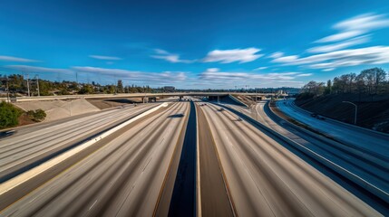 Fototapeta premium Highway Overpass with Blurred Traffic Flowing Under a Bright Blue Sky during Daytime