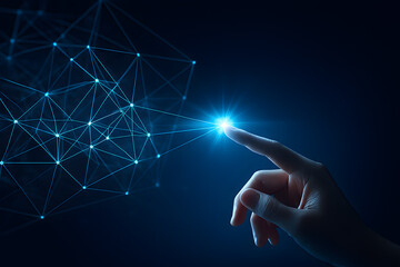 Hand touching digital network connection, future technology concept background