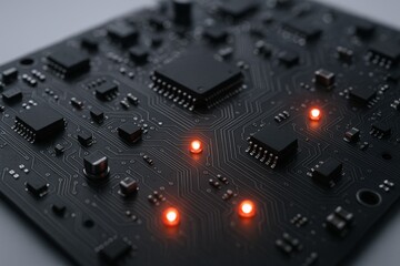 Black Circuit Board with Glowing Red LEDs, Representing Technology, Connectivity, and Futuristic Innovation