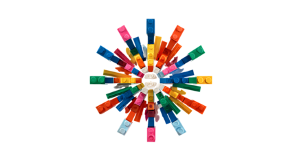 Colorful building blocks arranged in a starburst pattern isolated on transparent background