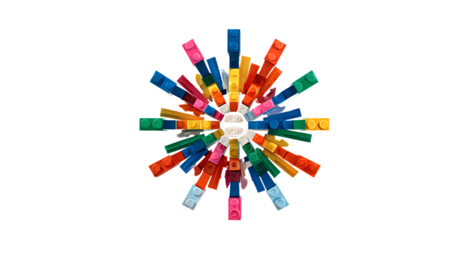 Colorful building blocks arranged in a starburst pattern isolated on transparent background