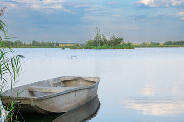 Obraz premium Old wooden boat on the shore of a calm lake surrounded by nature. Scenic lake landscape with a rustic wooden boat in natural light, perfect for travel, tourism, nature, and relaxation projects.