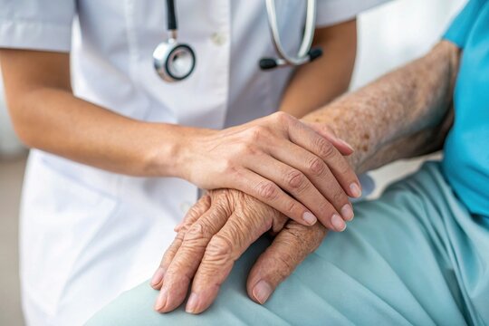 Parkinson disease patient, Alzheimer elderly senior, Arthritis person's hand in support of geriatric doctor or nursing caregiver,