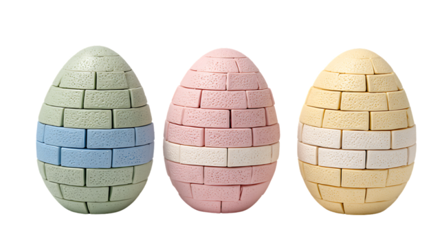Three easter eggs with brick patterns isolated on transparent background