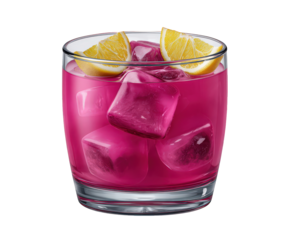 Refreshing pink lemonade cocktail drink in glass with ice and lemon garnish. This isolated beverage clipart perfect for summer and feels cool and delicious