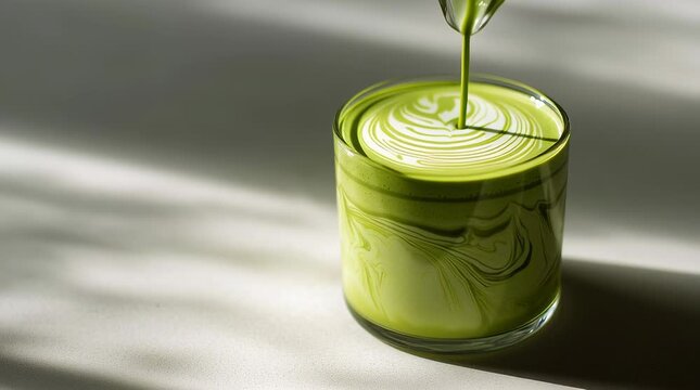 Vibrant green matcha latte being poured into a clear glass creating beautiful creamy swirls in natural sunlight perfect for wellness drinks healthy lifestyle concepts and modern beverage advertising