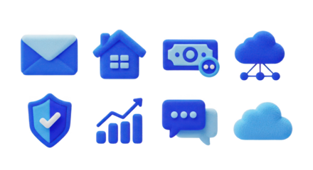 Collection of blue 3d icons isolated on transparent background