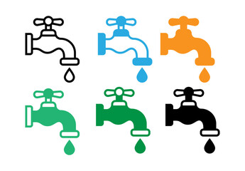 Simple, flat, vector icons of water faucets in various colors (white, black, orange, green, blue, teal).
