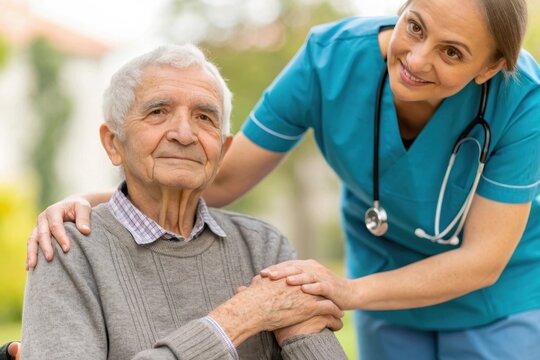 Parkinson disease patient, Alzheimer elderly senior, Arthritis person's hand in support of geriatric doctor or nursing caregiver,