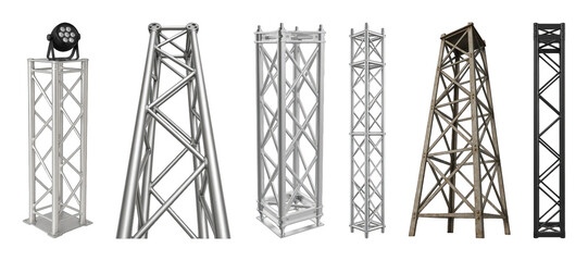 Metal truss structure set including silver, black, and weathered designs isolated. Stage, event, and construction elements.