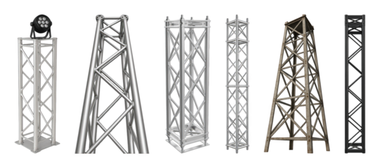 Metal truss structure set including silver, black, and weathered designs isolated. Stage, event, and construction elements.