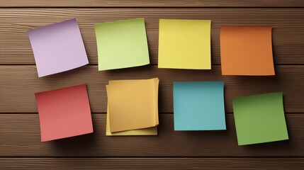 Colorful Sticky Notes Arranged on a Wooden Surface, Perfect for Reminders, Organization, and Creative Brainstorming