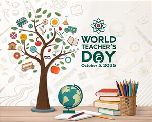World teachers day celebration with educational tree and school supplies