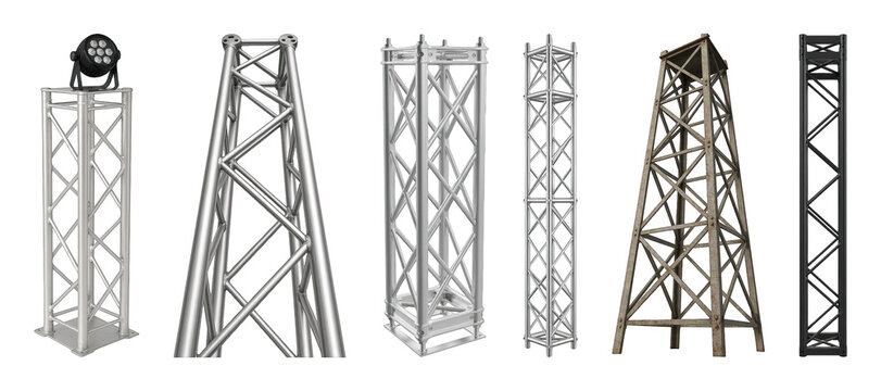 Metal truss structure set including silver, black, and weathered designs isolated. Stage, event, and construction elements.