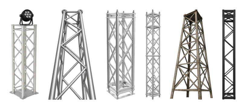 Metal truss structure set including silver, black, and weathered designs isolated. Stage, event, and construction elements.