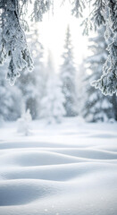 Fototapeta premium Snowy winter forest landscape with snow covered trees and ground in finland