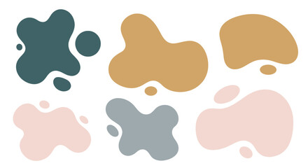 Abstract shapes in various colors, including teal, tan, pink, and gray, against a white background.