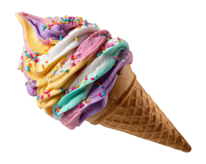 Joyful and colorful unicorn ice cream cone, fantasy swirl dessert with rainbow sprinkle. This sweet treat whimsical food item perfect for summer party