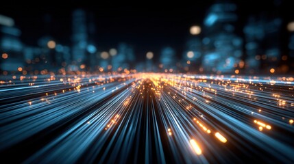 Futuristic Cityscape with Data Streams and Glowing Lights, Representing High-Speed Connectivity and Digital Innovation