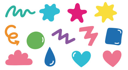 A vibrant collection of diverse, hand-drawn, colorful abstract shapes and doodles on a white background, including stars, hearts, squiggles, and geometric forms.