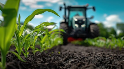 Cornfield Agriculture: Tractor Preparing Soil for Planting and Cultivation with Young Corn Sprouts on a Sunny Day