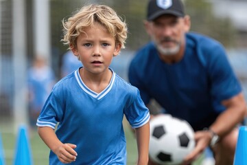 a young boy in a blue soccer jersey, black shorts, and white sneakers is practicing dribbling skills with the ball between orange cones on a green field