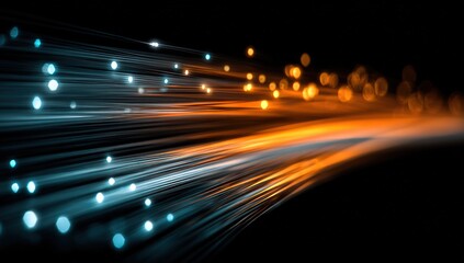 Abstract image depicting data streams of light, blue and orange, against a black background