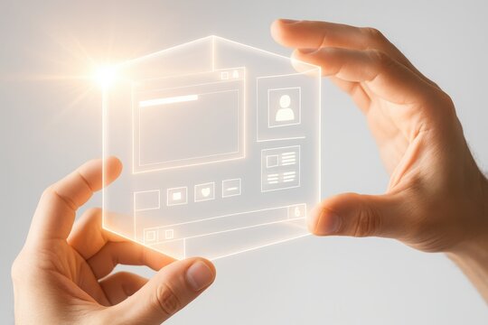 Hands holding a transparent cube with smart home interface