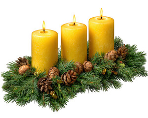 Warm Christmas centerpiece decoration with three yellow candle light and glowing flame. This holiday advent wreath with pinecone creates serene, hopeful feeling