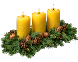 Warm Christmas centerpiece decoration with three yellow candle light and glowing flame. This holiday advent wreath with pinecone creates serene, hopeful feeling