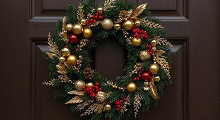 Festive wreath hanging on door