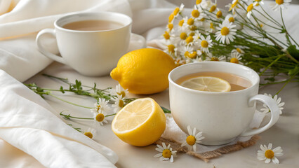 Refreshing hot herbal tea with fresh lemons and chamomile flowers creating a calming and healthy beverage scene