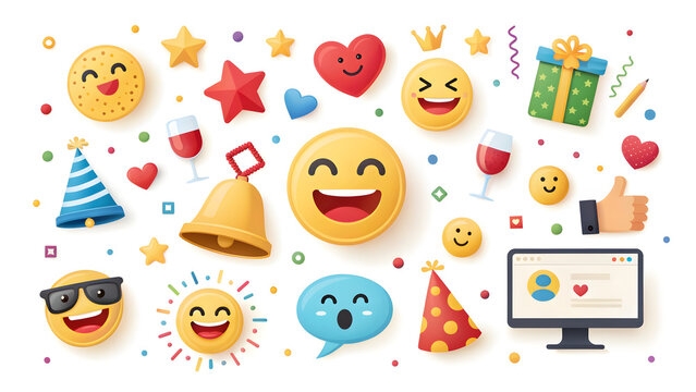 Joyful celebration with happy emojis party hats gifts confetti and computer screen displaying fun icons for festive occasions