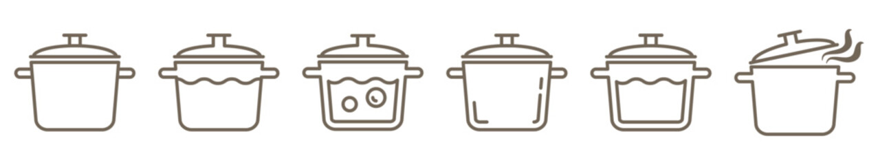 Set of pot and saucepan linear icons isolated on transparent background. Hot pan with steam, boiling water, soup and cooking outline symbols. Simple kitchen cookware and food preparation icon set.