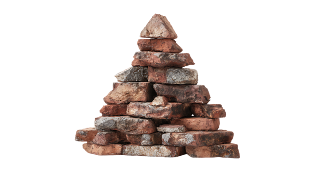 Pyramid of old bricks isolated on transparent background